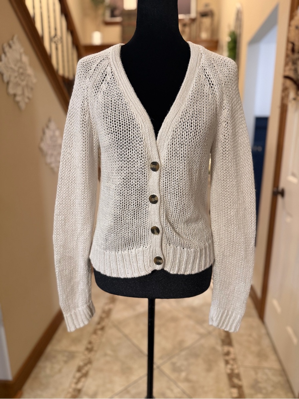American Eagle Outfitters Cream Chunky Knit Button Cardigan LG